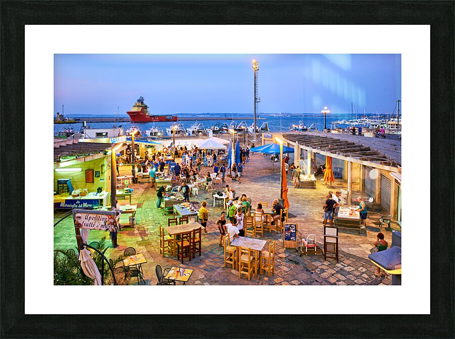 Salento. Apulia Puglia Italy. Gallipoli. Fish restaurants at the harbour Picture Frame print