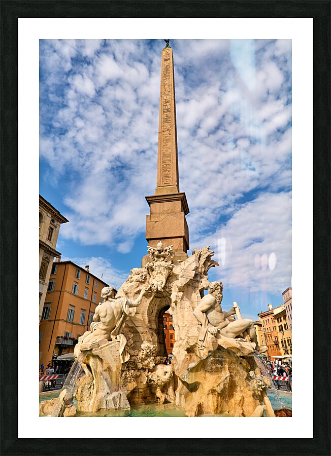 Rome Lazio Italy. Fontana dei Quattro Fiumi Fountain of the Four Rivers is a fountain in the Piazza Navona. It was designed in 1651 by Gian Lorenzo Bernini for Pope Innocent X Picture Frame print
