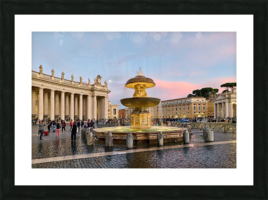 Rome Lazio Italy. Saint Peters Square at dusk. The fountain by Bernini Picture Frame print