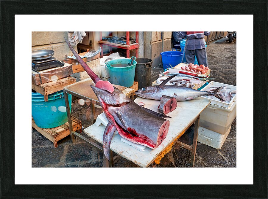 Piscaria the street daily market in Catania Sicily Italy. Fresh fish meat vegetables Picture Frame print