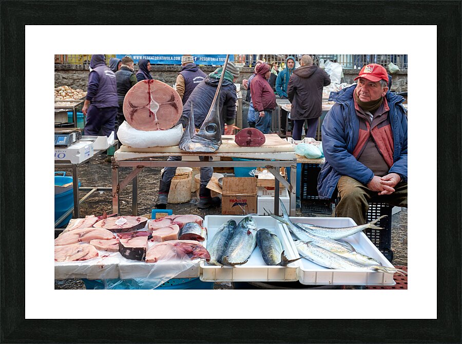 Piscaria the street daily market in Catania Sicily Italy. Fresh fish meat vegetables Picture Frame print