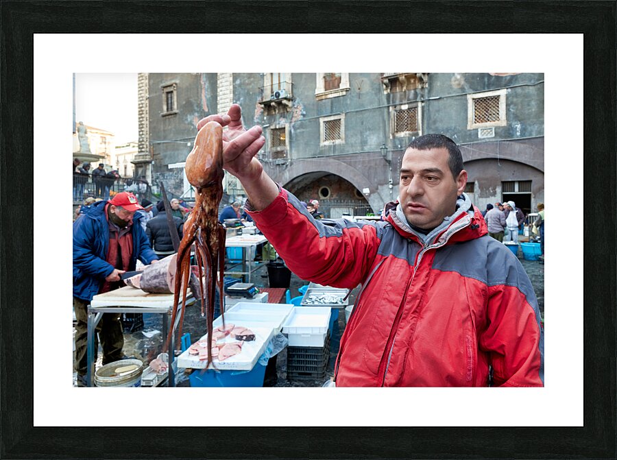 Piscaria the street daily market in Catania Sicily Italy. Fresh fish meat vegetables Picture Frame print