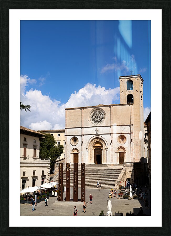Todi Umbria Italy. Concattedrale della Santissima Annunziata. Cathedral. Piazza del Popolo. The statue Quattro Stele by Arnaldo Pomodoro Picture Frame print