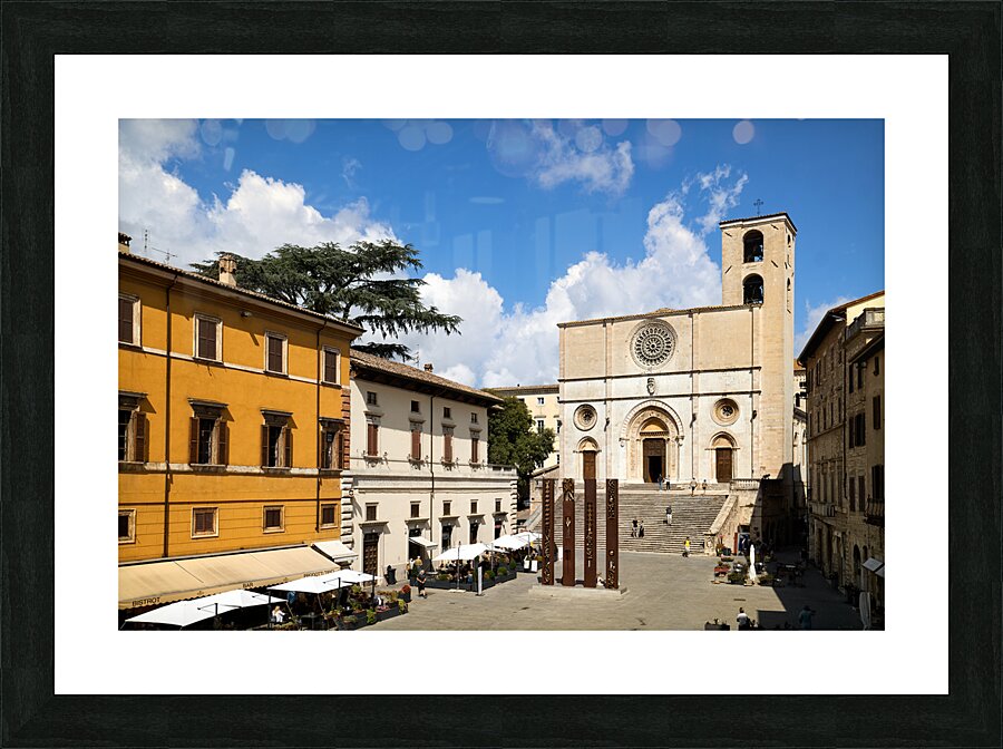 Todi Umbria Italy. Concattedrale della Santissima Annunziata. Cathedral. Piazza del Popolo. The statue Quattro Stele by Arnaldo Pomodoro Picture Frame print