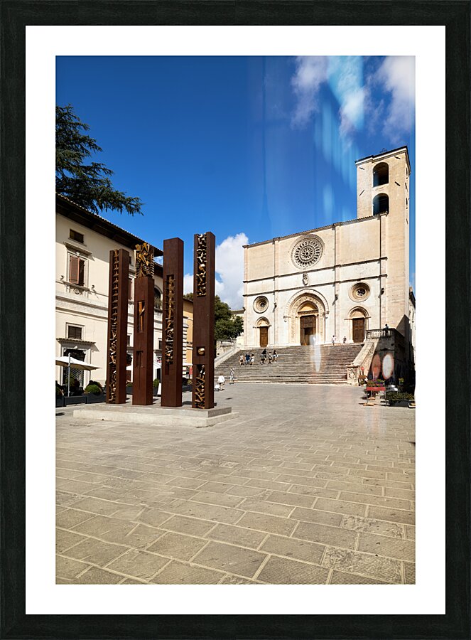 Todi Umbria Italy. Concattedrale della Santissima Annunziata. Cathedral. Piazza del Popolo. The statue Quattro Stele by Arnaldo Pomodoro Picture Frame print