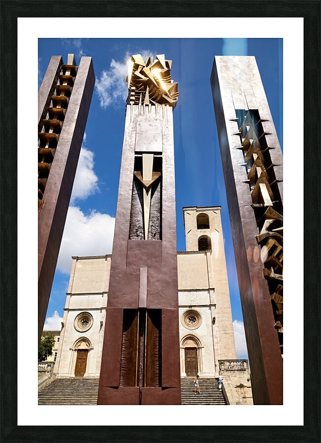 Todi Umbria Italy. Concattedrale della Santissima Annunziata. Cathedral. Piazza del Popolo. The statue Quattro Stele by Arnaldo Pomodoro Picture Frame print