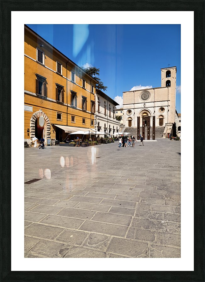 Todi Umbria Italy. Concattedrale della Santissima Annunziata. Cathedral. Piazza del Popolo. The statue Quattro Stele by Arnaldo Pomodoro Picture Frame print