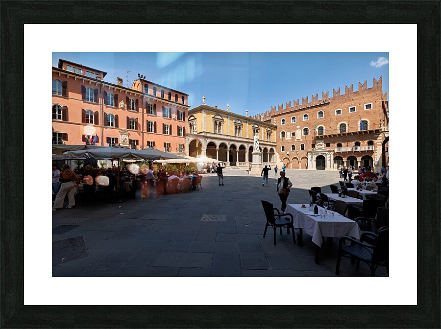 Verona Veneto Italy. Piazza dei Signori with the monument to Dante and restaurants to dine out Picture Frame print