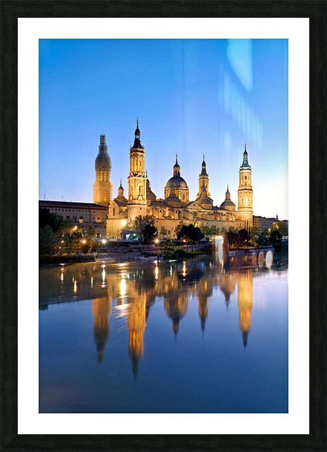 Zaragoza. Saragossa. Aragon. Spain. Cathedral Basilica of Our Lady of the Pillar and river Ebro at sunset Picture Frame print