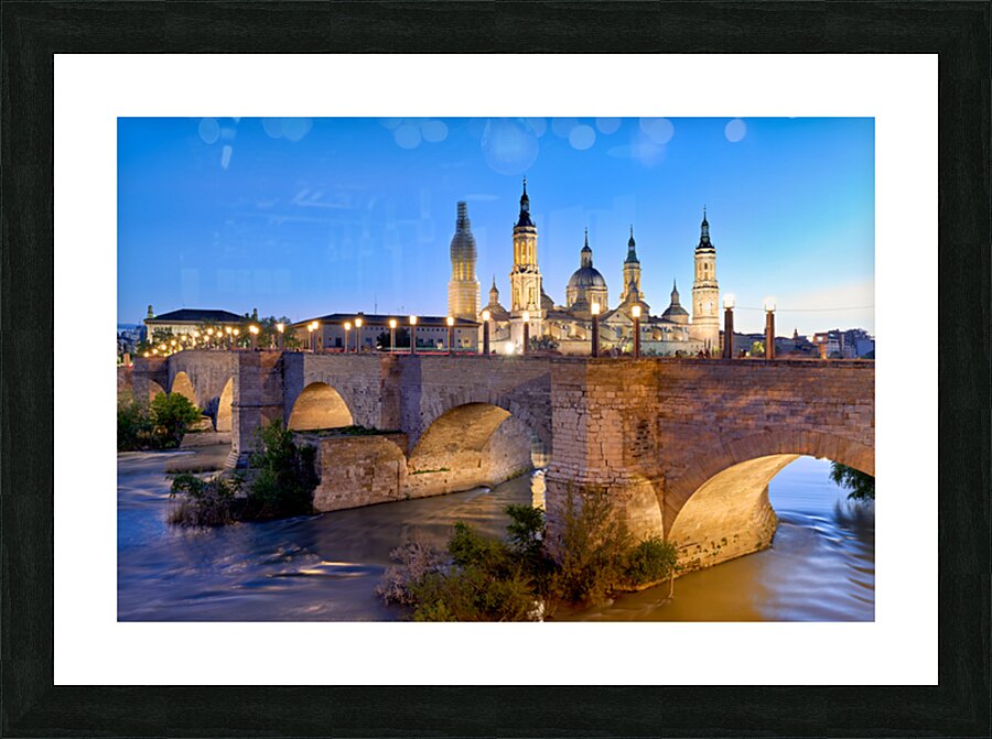 Zaragoza. Saragossa. Aragon. Spain. Cathedral Basilica of Our Lady of the Pillar and river Ebro at sunset Picture Frame print