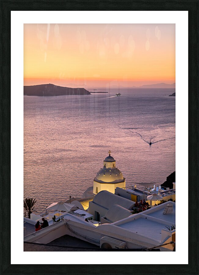 Sunset over Santorini caldera with church and boats. Picture Frame print