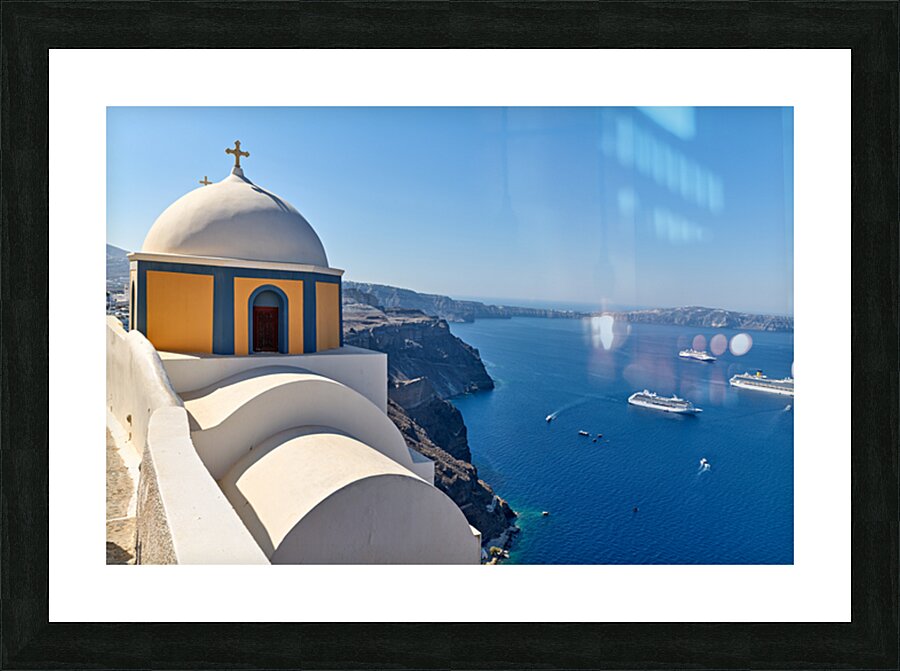 Santorinis iconic church and caldera with ships. Picture Frame print