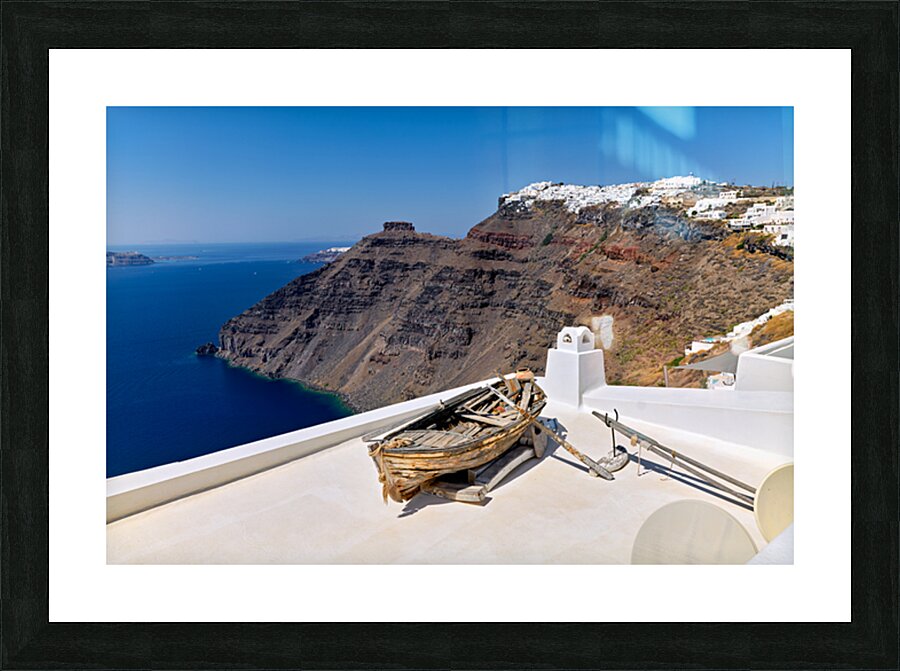 Santorini: Old boat white village and caldera view. Picture Frame print