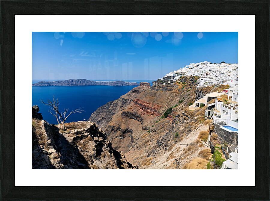 Picturesque Santorini: white village blue sea volcanic cliffs. Picture Frame print
