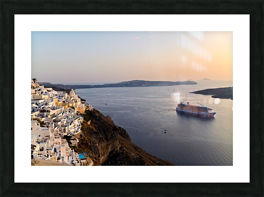 Santorini village and cruise ship at sunset. Picture Frame print