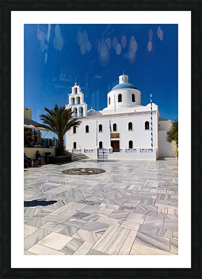 White Greek church with blue dome bell tower and marble courty Picture Frame print