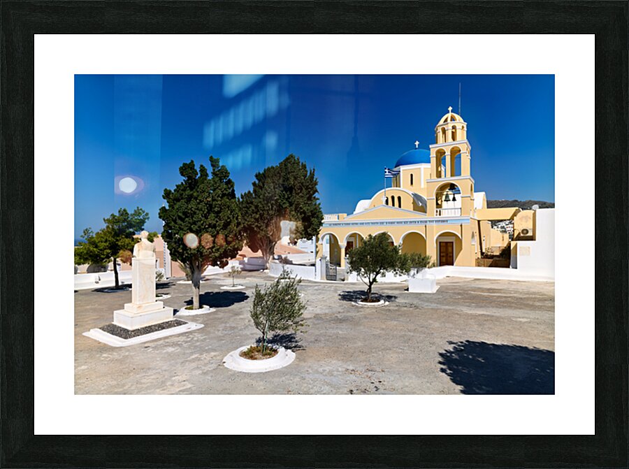 Traditional Greek church blue dome bell tower sunny day. Picture Frame print