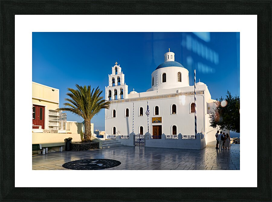 Beautiful white church blue dome palm tree clear sky. Picture Frame print
