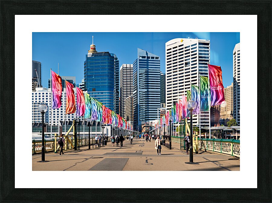 Colorful flags line bridge in Darling Harbour Sydney on a sunny  Picture Frame print