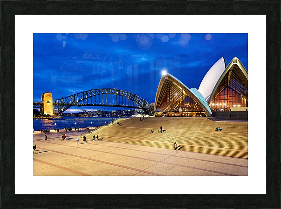 Sydney Opera House and Harbour Bridge at dusk. Picture Frame print