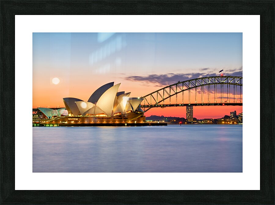 Sydney Opera House and Harbour Bridge at sunset. Picture Frame print