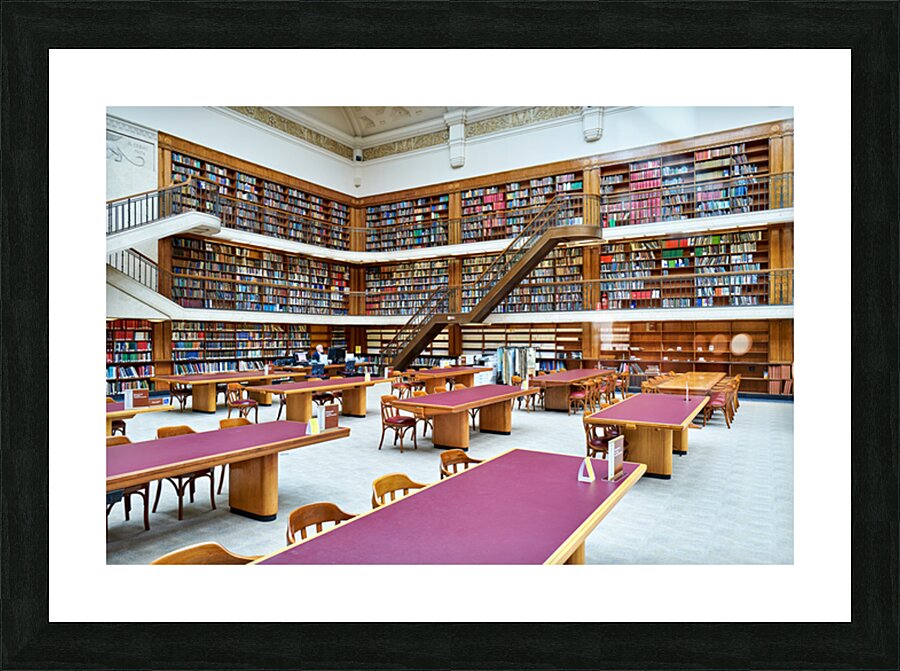 Grand library in Sydney with tall bookshelves and study areas Picture Frame print