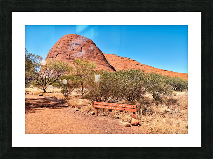 Sacred area sign in front of Kata Tjuta domes Australia. Framed Print