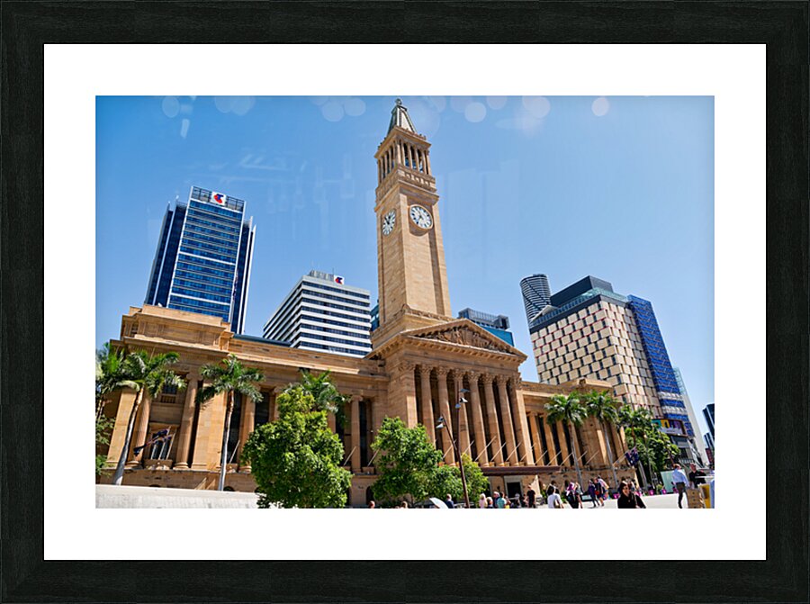 Brisbane City Hall with modern buildings and palm trees. Picture Frame print