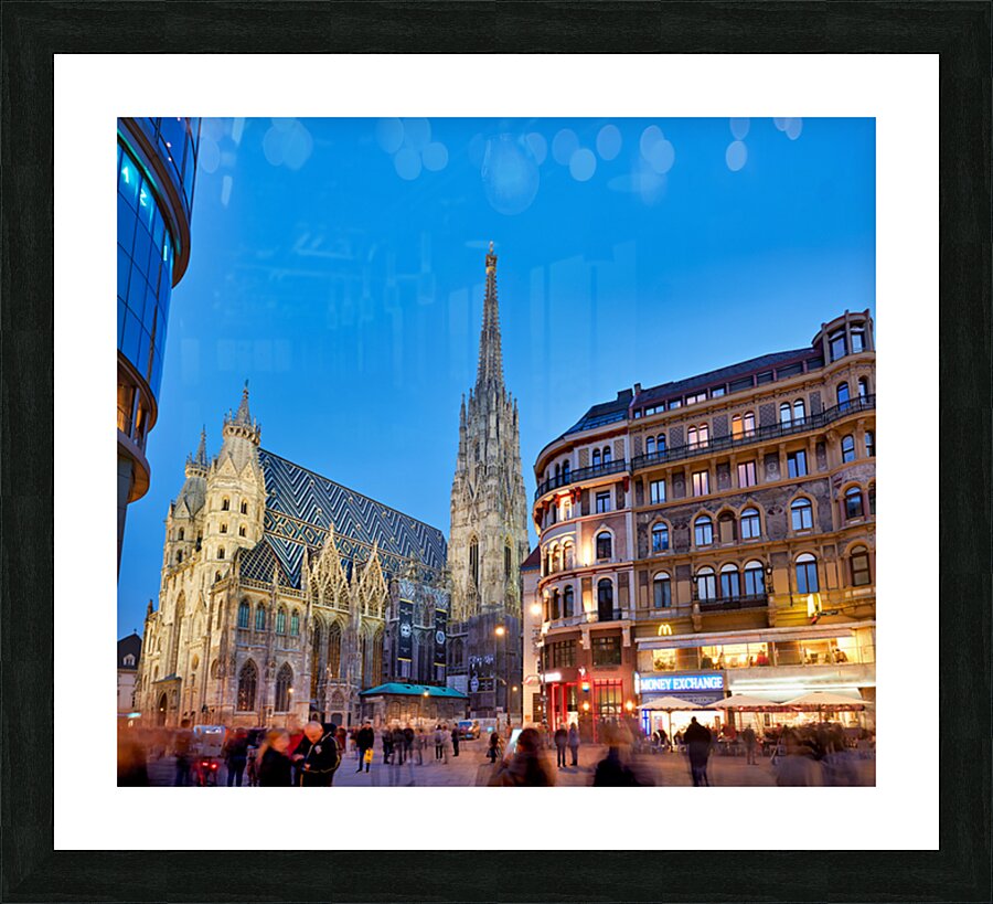 St. Stephens Cathedral at dusk in bustling Vienna. Picture Frame print