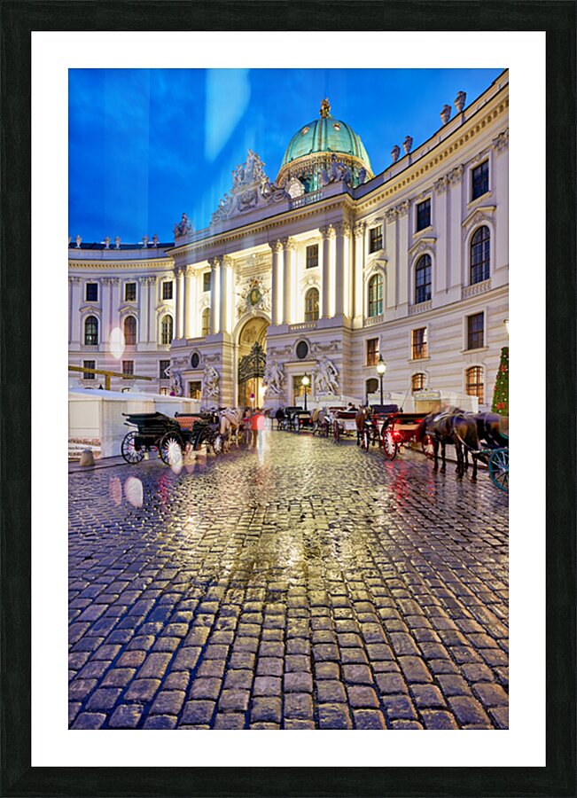 Hofburg Palace Vienna at night with horse drawn carriages. Picture Frame print