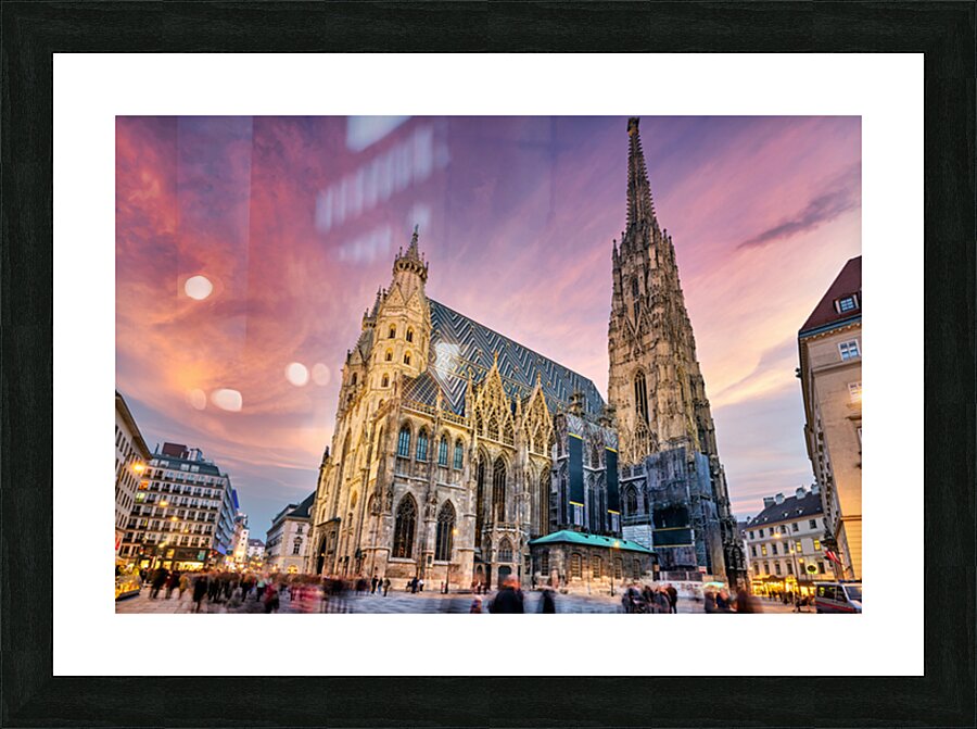 Majestic St. Stephens Cathedral in Vienna under a colorful sky. Picture Frame print