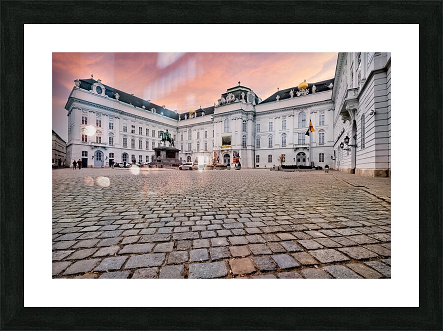 Majestic palace equestrian statue and cobblestone square under Picture Frame print