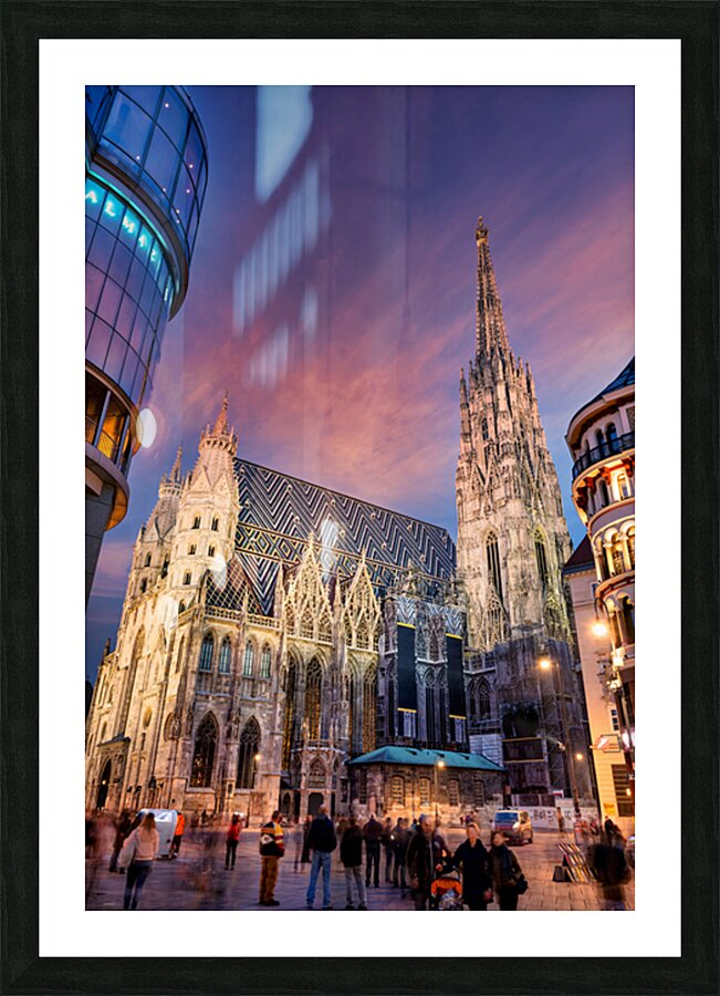 St. Stephens Cathedral Vienna at twilight with people. Picture Frame print