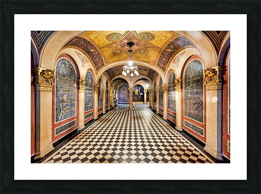 Historic church corridor with ornate arches and checkered floor. Picture Frame print