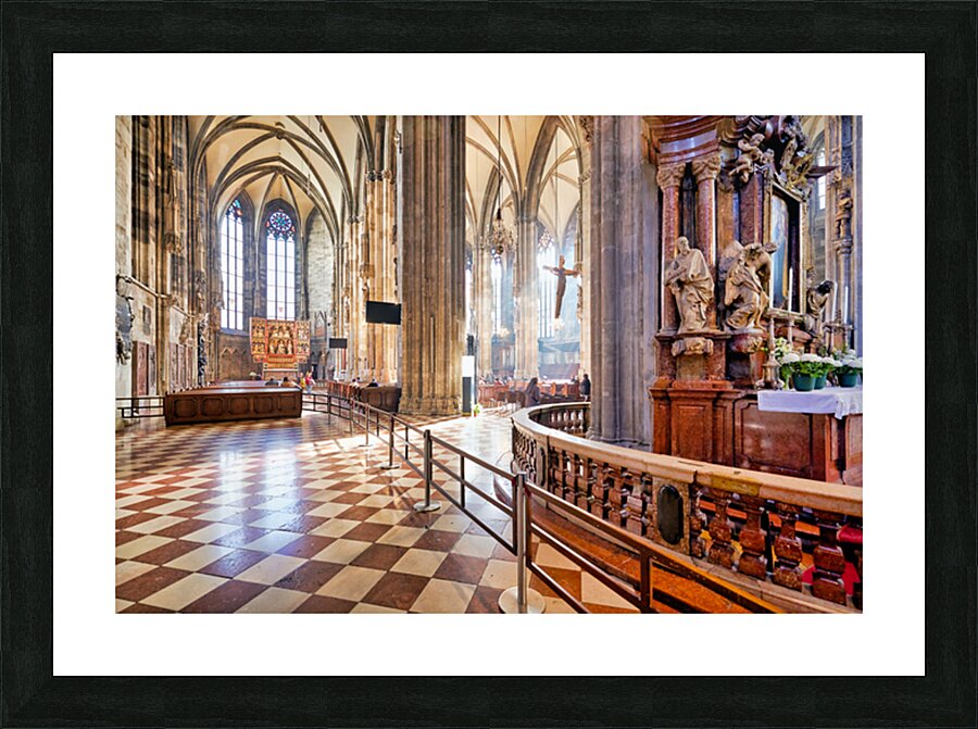 Grand cathedral interior with vaulted ceilings columns and cru Picture Frame print