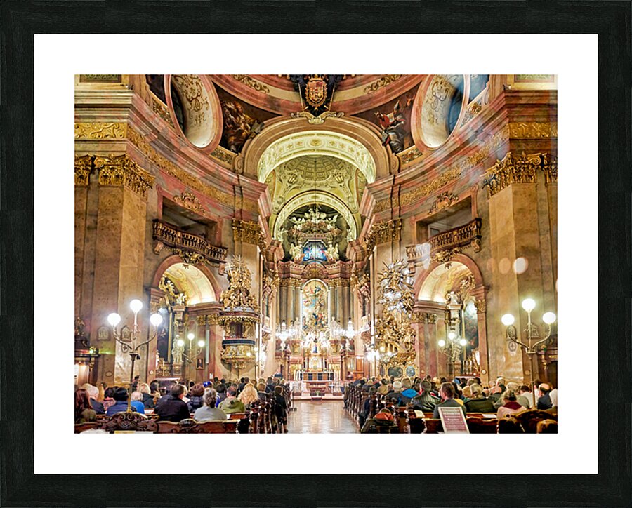 People attending a Requiem service in an ornate church. Picture Frame print