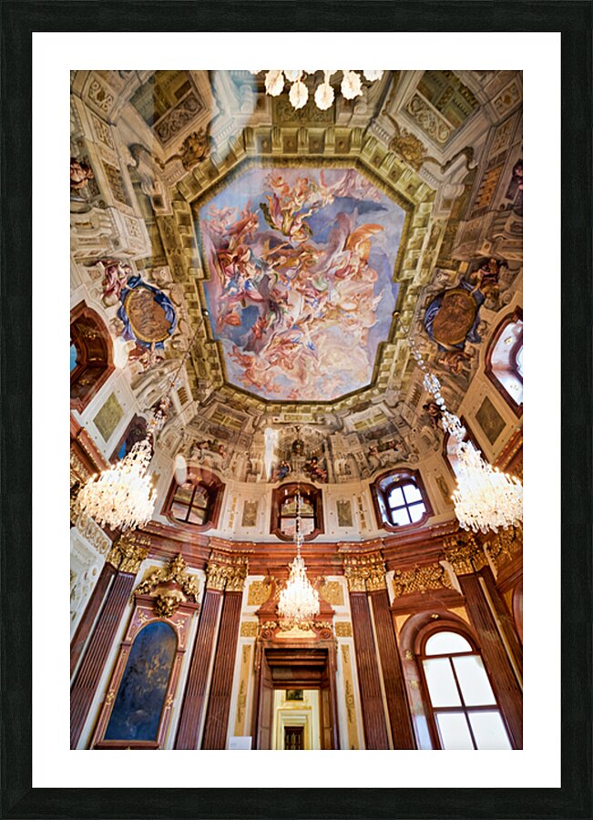 Grand baroque hall with elaborate ceiling fresco and crystal cha Picture Frame print
