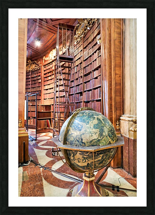 Historic library interior with globe books and rolling ladder. Picture Frame print