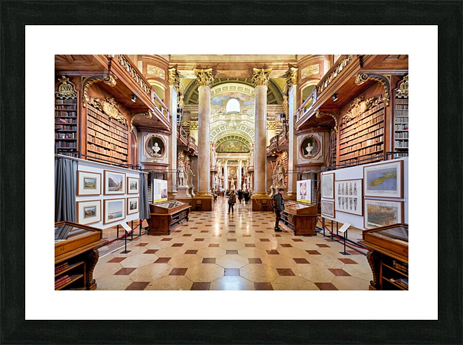 Grand ornate library interior with books columns and visitors Picture Frame print