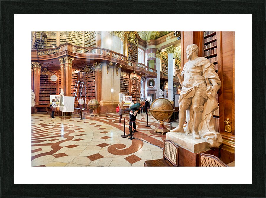Ornate library interior with towering bookshelves statues glob Picture Frame print