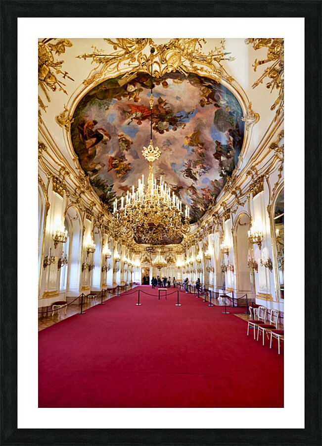 Ornate palace hall with chandeliers painted ceiling and red ca Picture Frame print