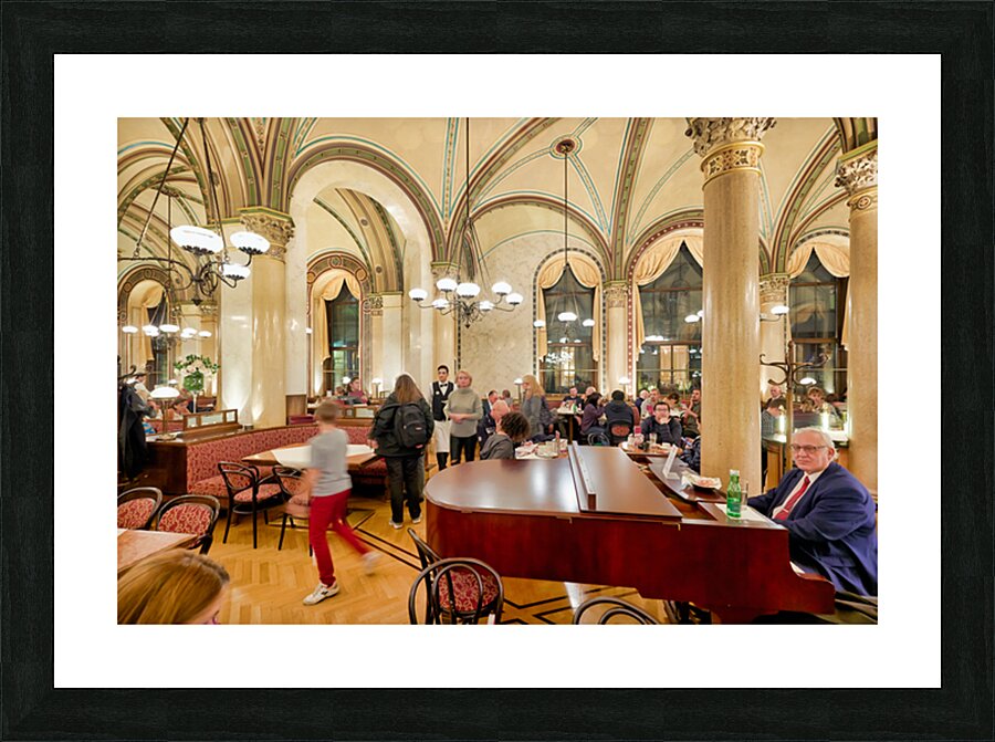 Ornate cafe interior bustling with people and a grand piano. Picture Frame print