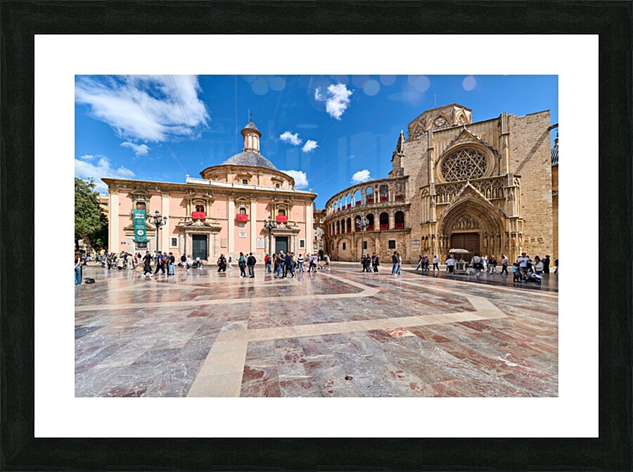 Valencia scene in Plaza de la Virgen with famous sites and peopl Picture Frame print