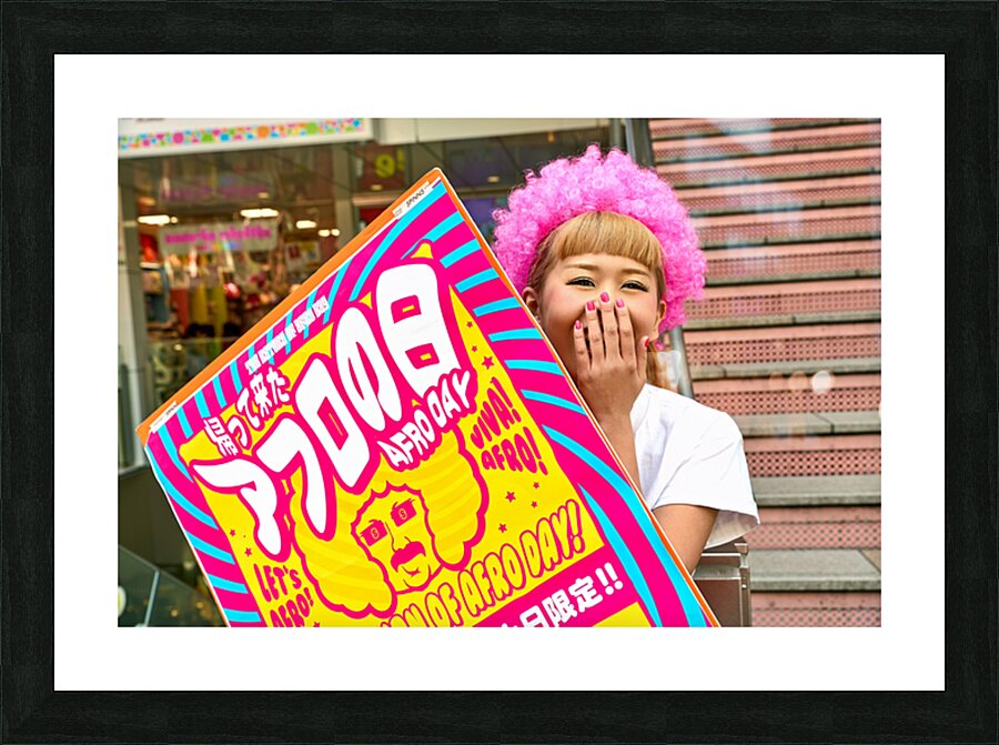 Lolita girl holds sign in Shibuya District of Tokyo during Afro  Picture Frame print
