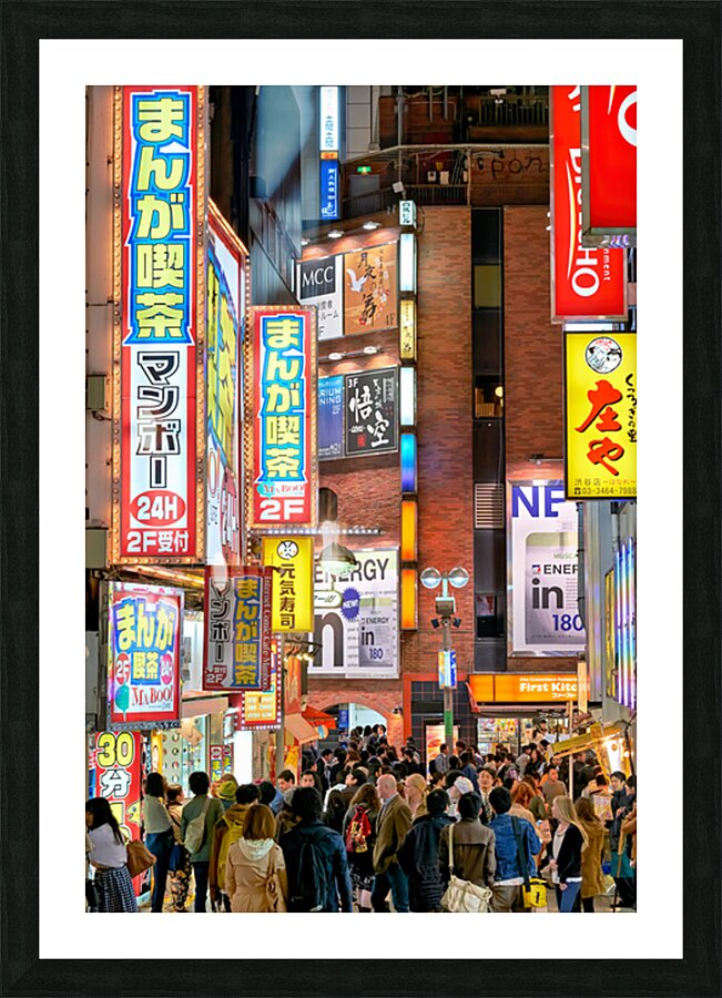 Nighttime crowd under neon lights in Shibuya district in Tokyo Picture Frame print