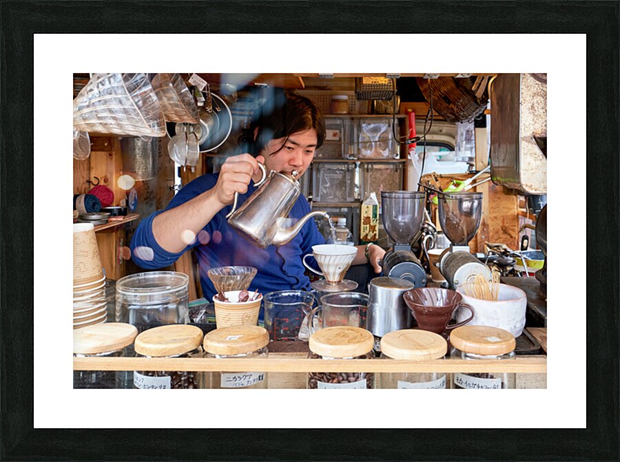 Street stall in Tokyo serving coffee and tea to customers Picture Frame print
