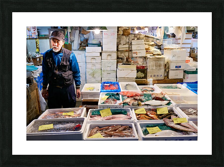 Fish market in Tokyo shows variety of seafood and local seller Picture Frame print