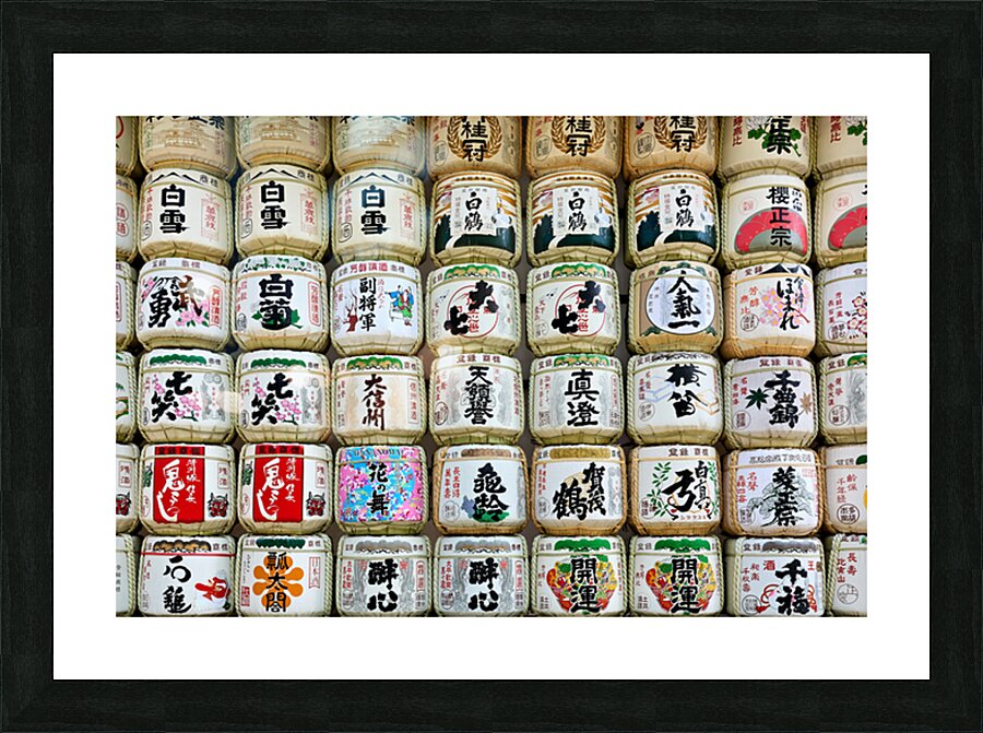 Sake barrels lined up at Meiji Jingu in Tokyo Japan Picture Frame print