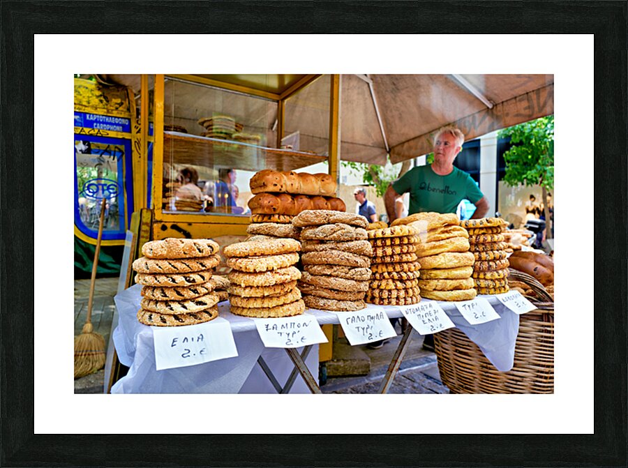 Food stall offers baked goods in downtown Athens Greece Picture Frame print