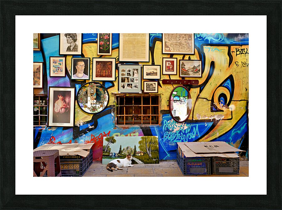 Flea market scene in Monastiraki Athens with colorful wall art Picture Frame print
